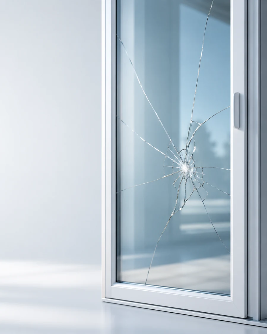 Real cracked window glass in a modern white frame